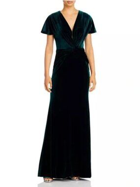 Bloomingdale’s Aqua Velvet Gown Hunter Green V Neck Formal Dress 10